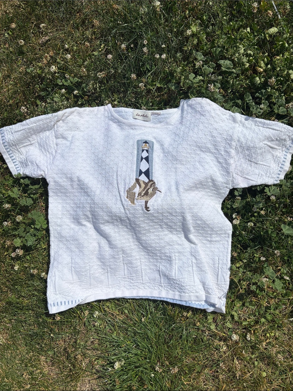 Lighthouse Embroidered White Short-Sleeve Tee by Le Moda